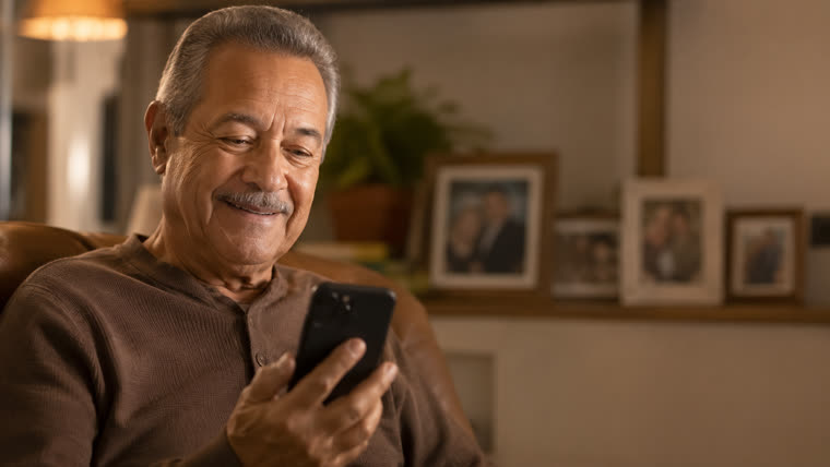 An older man reading a new question on his phone at home