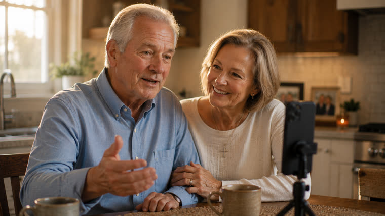 An older couple answering a question on camera at their kitchen table