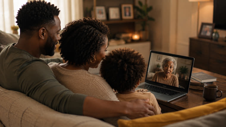 A family reviewing their grandmother's film together on a laptop